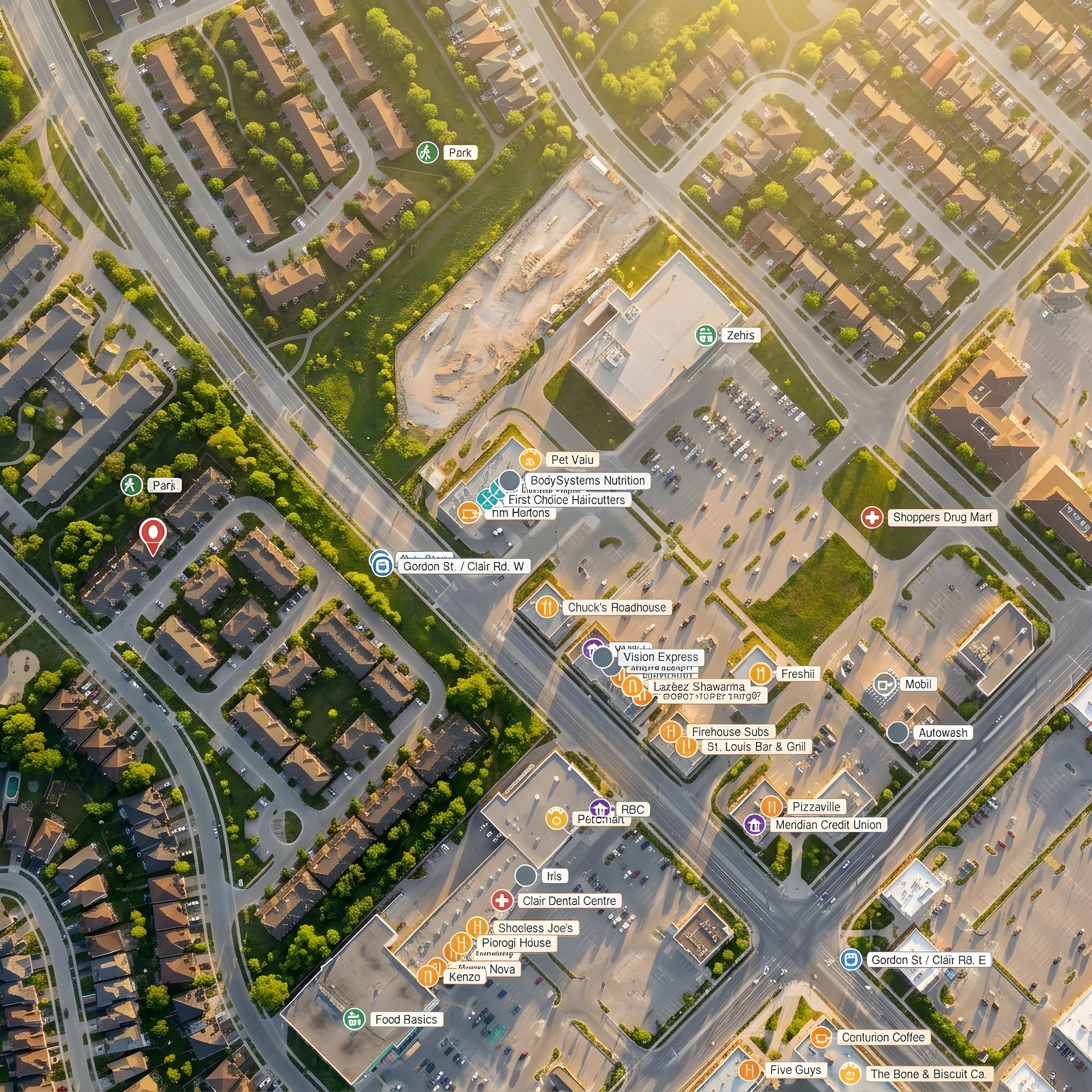 AI-generated aerial drone view of a neighbourhood